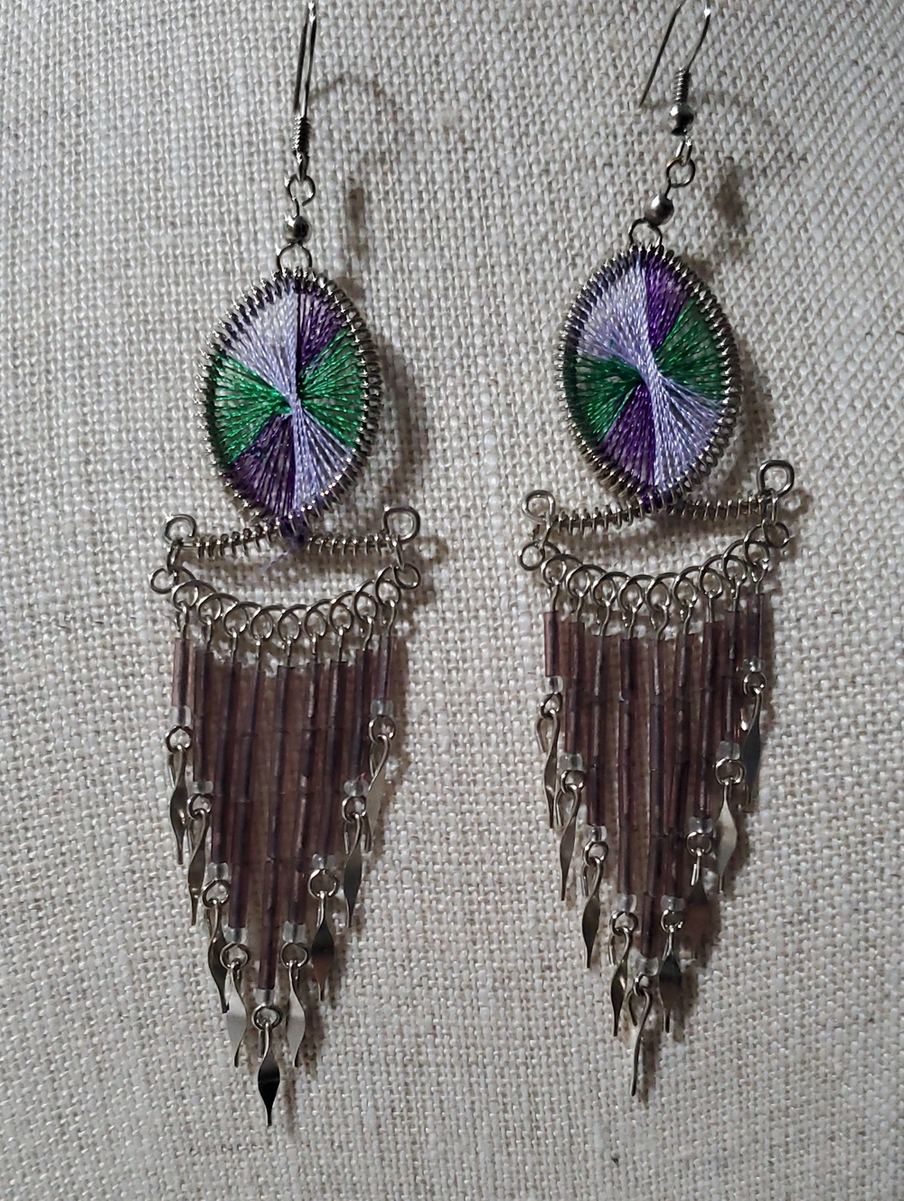 Handcrafted Purple & Green Thread Fringe Dangle Earrings